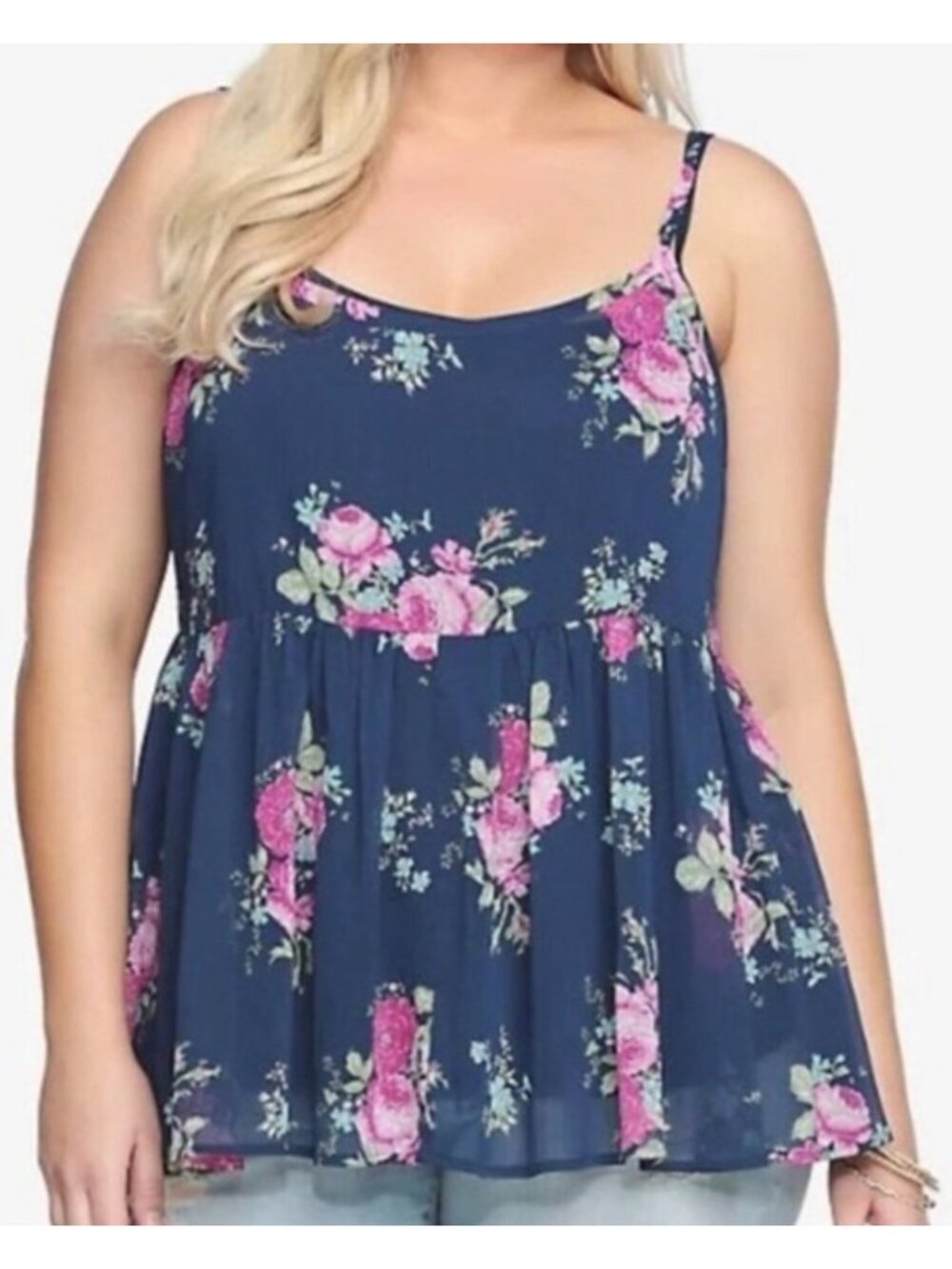 Torrid 2 Navy Floral Sleeveless Chiffon Tunic Top With Adjustable Straps Size 2x